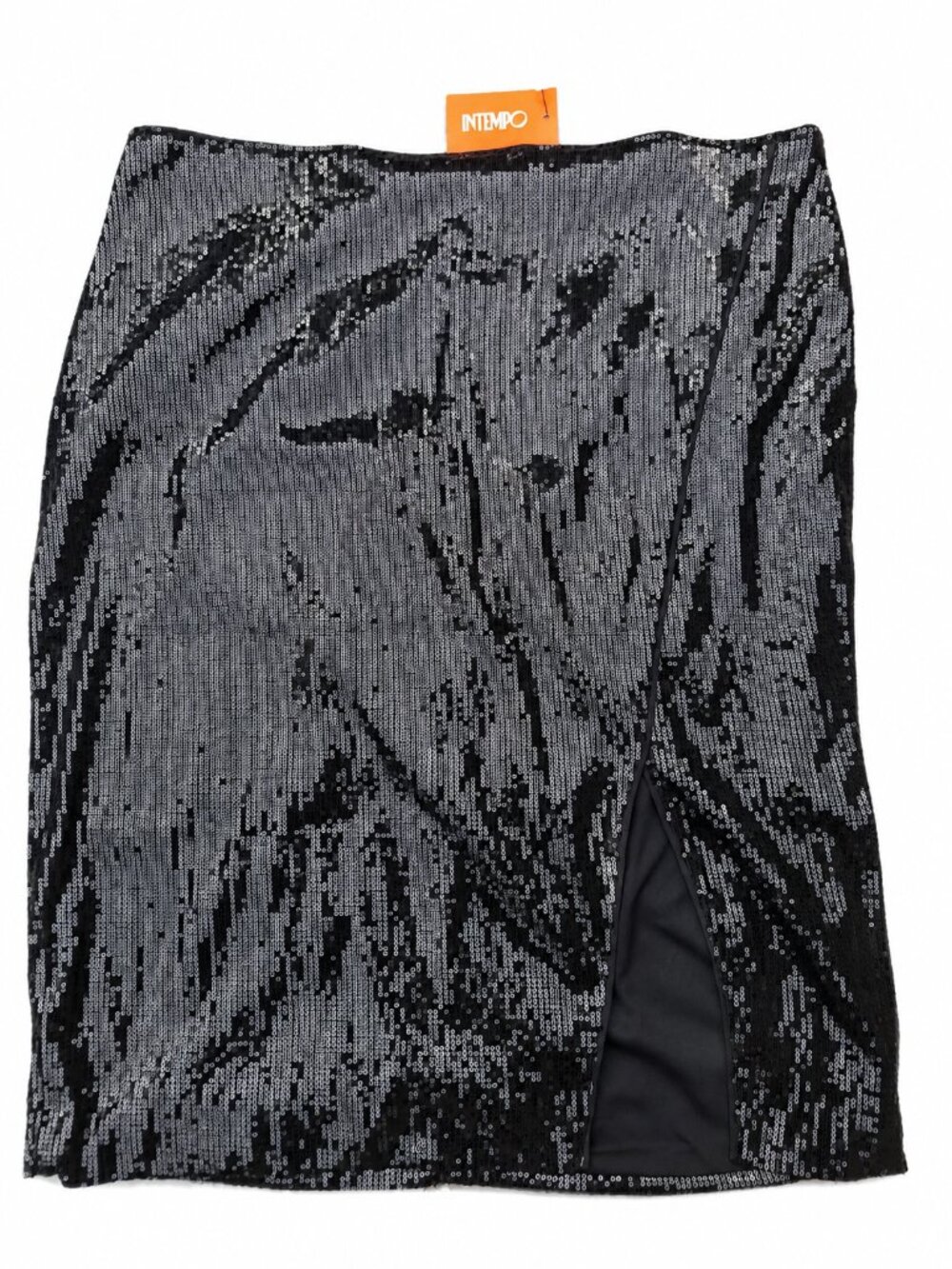 Intempo Black Sequin Midi Skirt Slit 2X Night Out Glam Cocktail